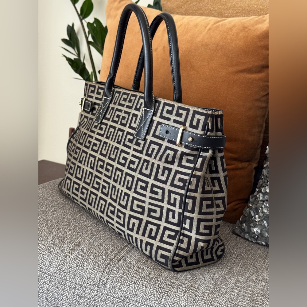 GIVENCHY- Authentic(COA)Black & Beige Leather and G Logo Canvas Bag - Picture 2 of 15